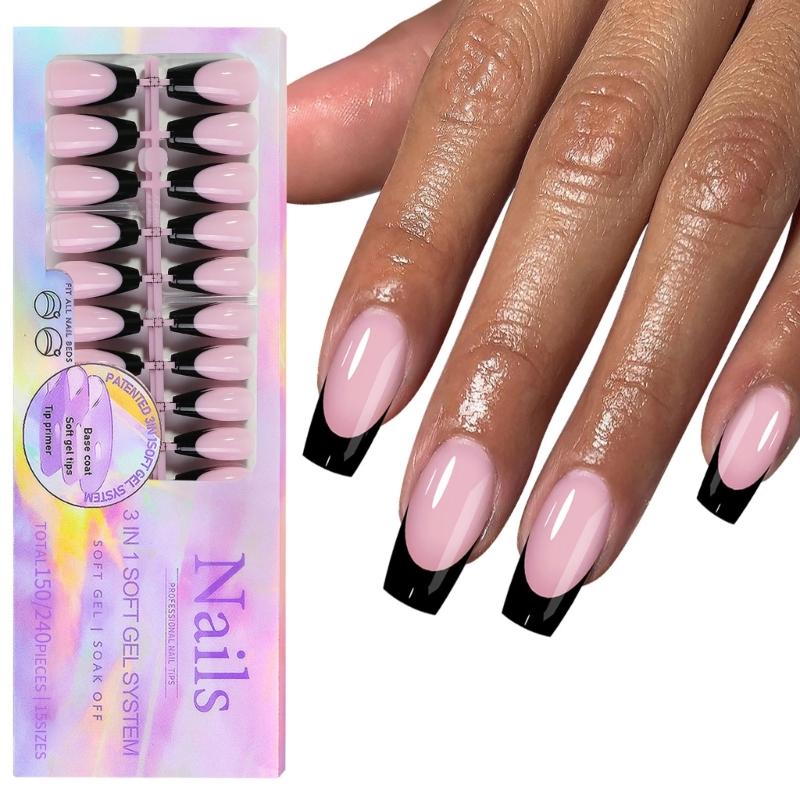 150Pcs Black French Tip Gel Nail Tips Short Coffin Shape Press on Nails Short for Women False Nails 15 Sizes