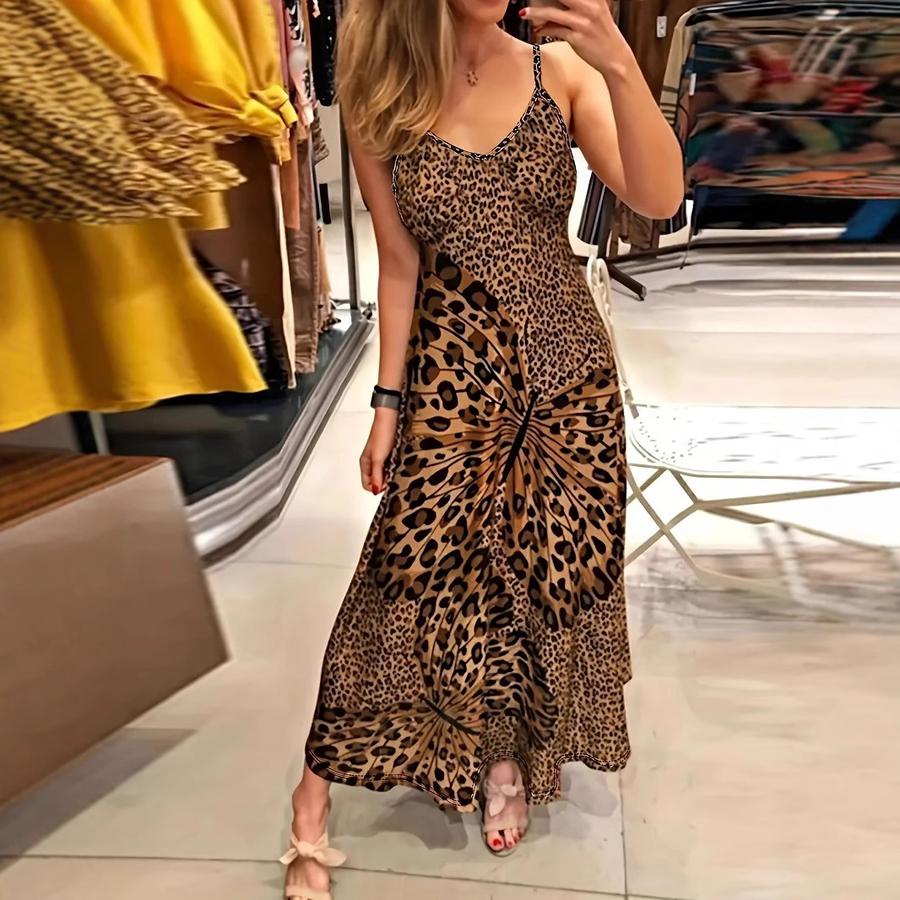 New Leopard Print Butterfly Floral Dress V-Neck Sleeveless Maxi Dress for Women