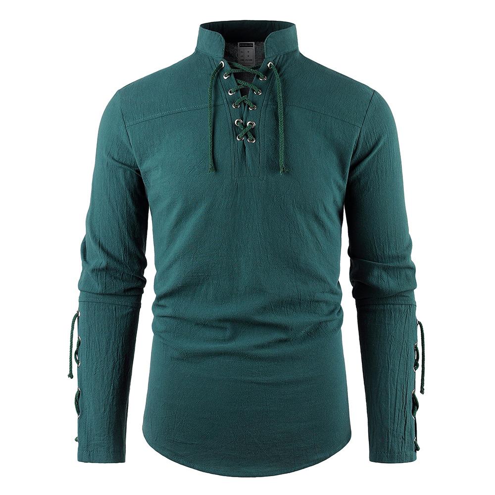 Men's Medieval Pirate Dress Stylish Streetwear Halloween Gothic Style V-neck Tops Solid Color Cotton Linen Breathable T-shirt