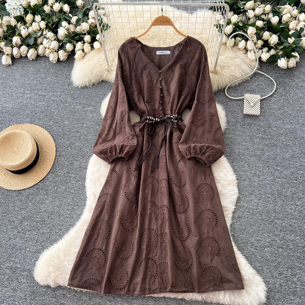 

Romantic Embroidery White Long Dress for Women Summer Autumn V-neck Long Sleeve Hollow Out Loose Beach Dress with Belt XXL кавовий