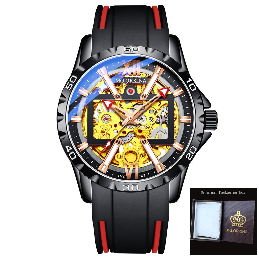 ORKINA Sports Outdoor Automatic Watch for Men Luminous Hands Gold Skeleton Mechanical Watches Luxury Brand Rubber Strap Clock