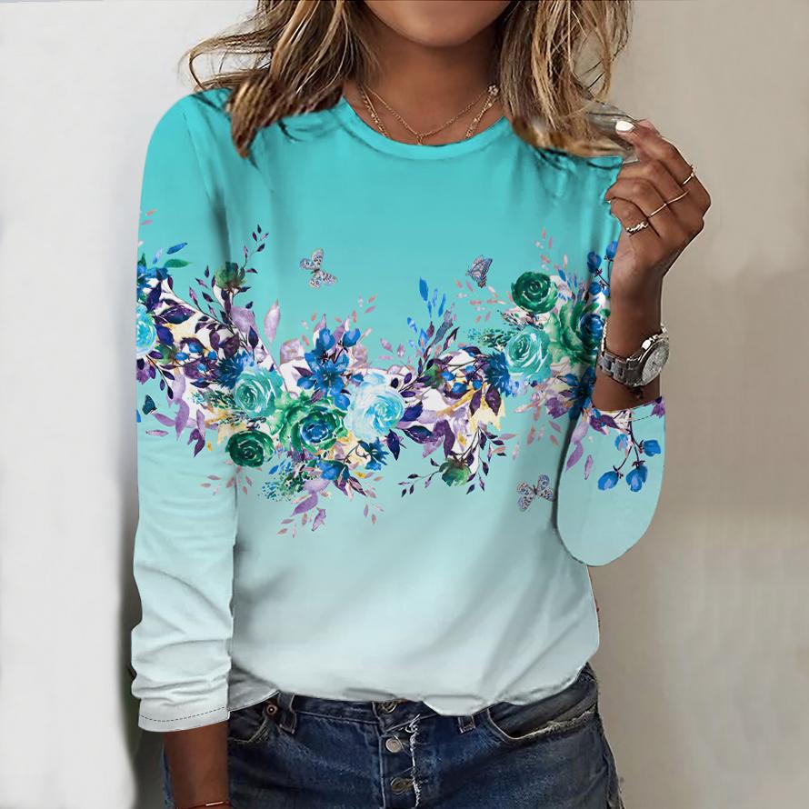 Elegant Flower Print Women Tees Tops New Autumn Winter Fashion O-neck Long Sleeve Casual Loose Tees Shirts Female