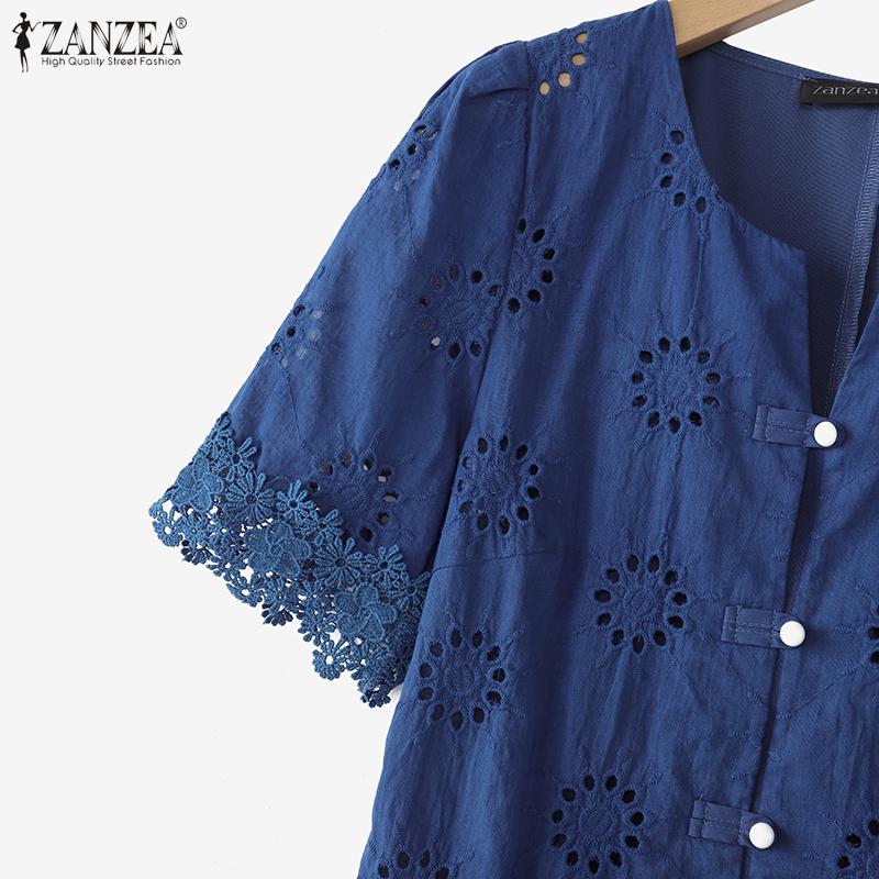 ZANZEA Women Casual Round Neck Short Sleeve Lace Crochet Patchwork Blouse