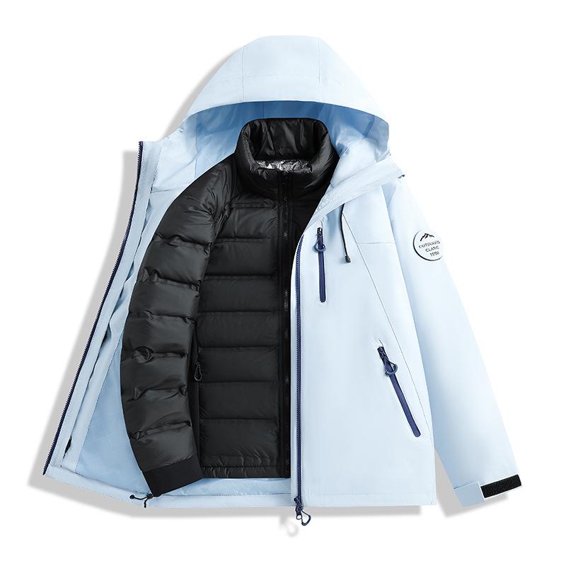 Men's and Women's Custom Outdoor Two-Piece Jacket Set: Three-in-One Shell with 90% Duck Down Lining and Print Logo.