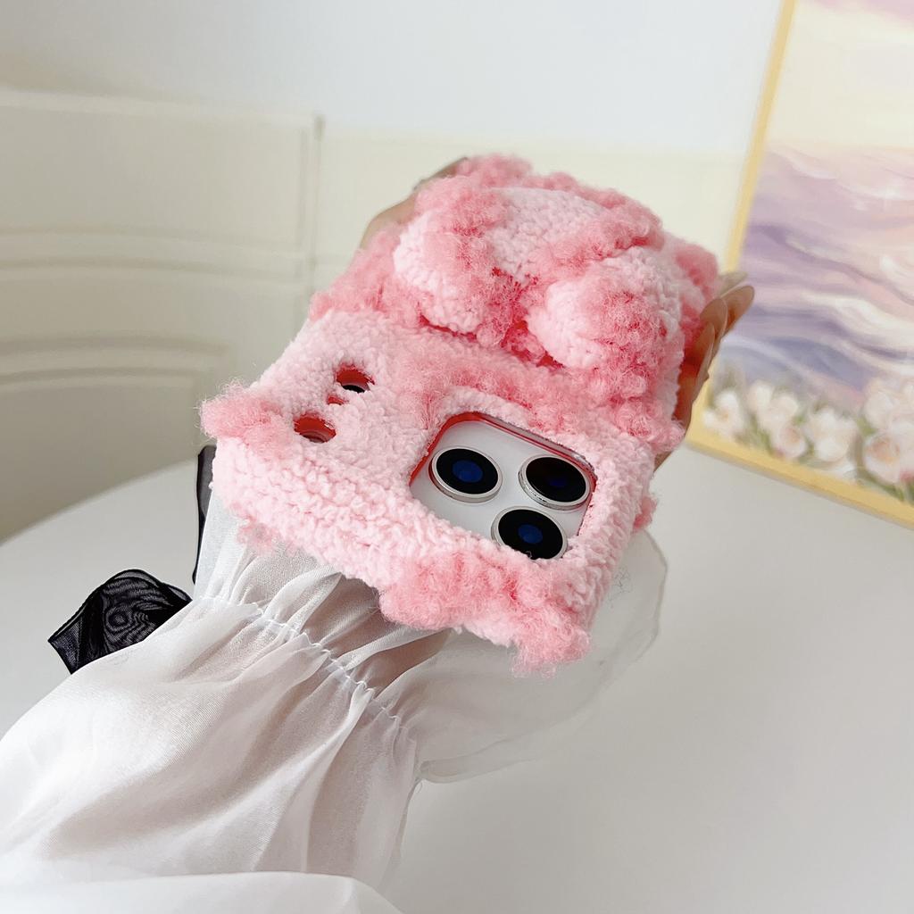 For iPhone 17 Pro Max Case 3D Heart Plush TPU Winter Warm Soft TPU Phone Cover