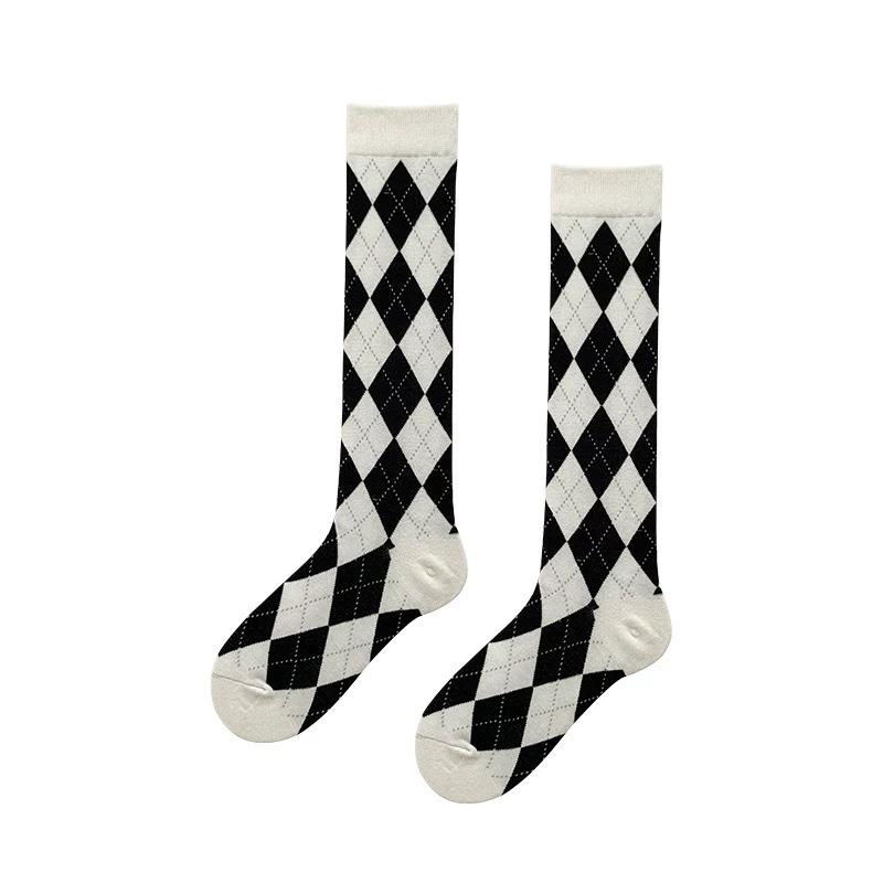 Long Stockings, Diamond-shaped Calf Stockings, Girl's Pile Stockings, Cotton Stockings, Black and White School Trend, Retro and Versatile