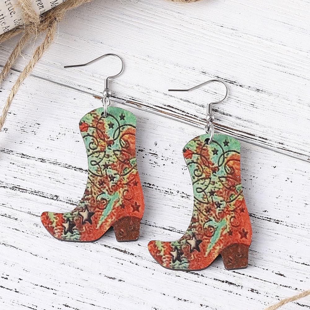 Western Cowboy Hat Pendant Double-Sided Wooden Earrings for Women