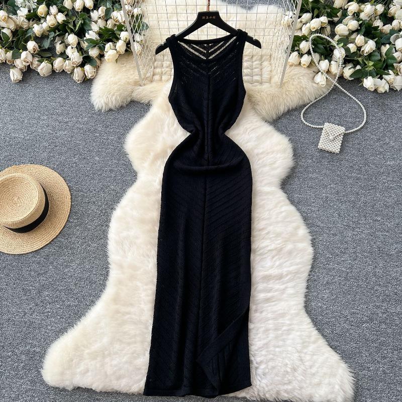 

Женское ажурное платье без рукавов с круглым вырезом, вязаное, облегающее фигуру, с разрезом, платье-жилет One Size чёрный