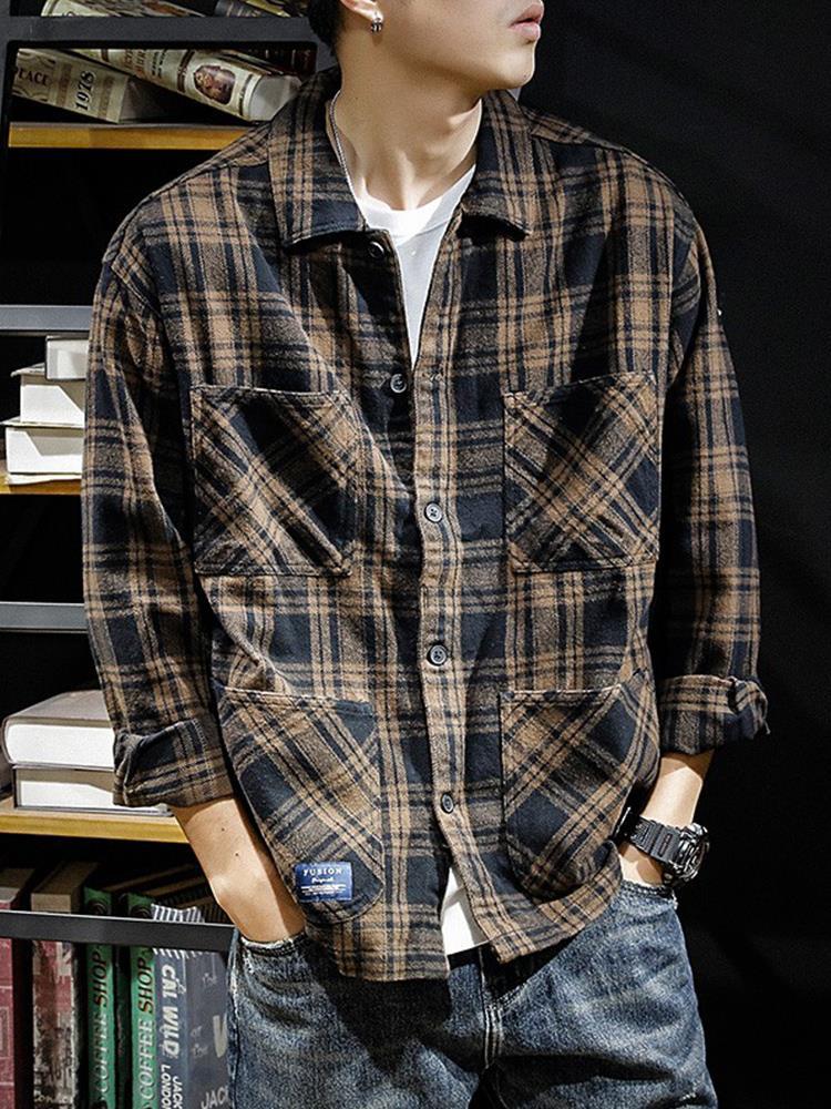 Polished Plaid Lapel Shirt Jacket Men'S Spring Loose Large Size Men'S Ruffian Handsome Shirt Jacket Top Tide
