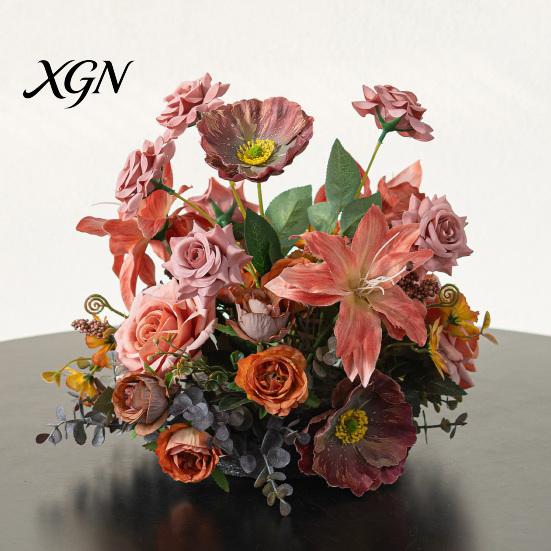 Lifelike Faux Floral Centerpieces Artificial Table Flower Arrangement, Mixed Lily Rose Silk Fake Bouquet, Elegant Vintage Style Decor for Dining