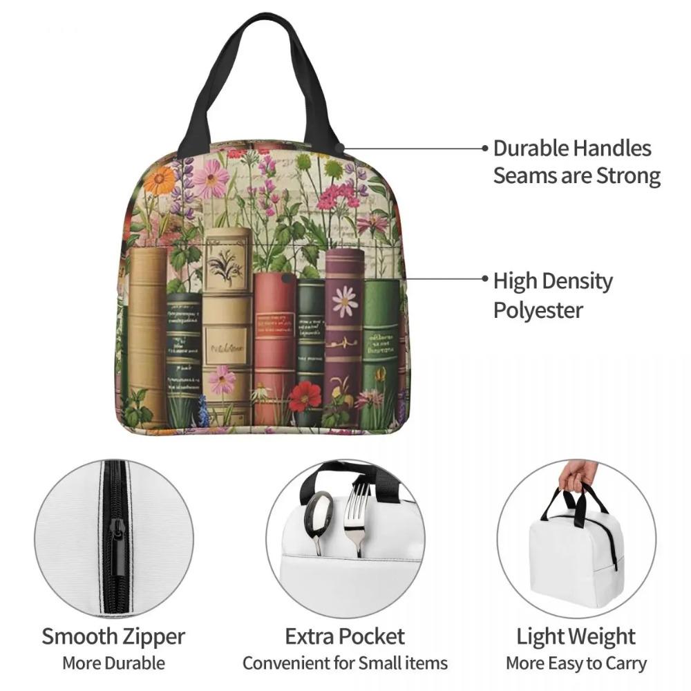 Floral Bookshelf Book And Flower Insulated Lunch Bag for Women Children Leakproof Food Boxes Thermal Lunch Box Tote