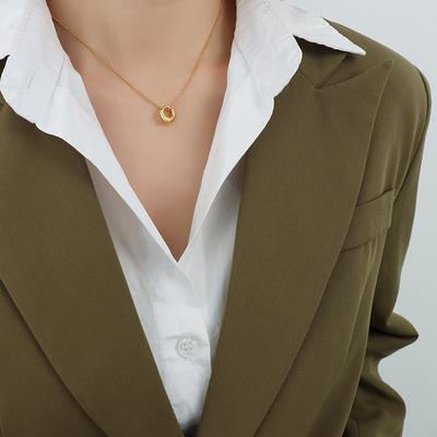 Trendy Simple Oval Pendant Necklace Stainless Steel Plated 18K Real Gold Clavicle Chain Jewelry P097