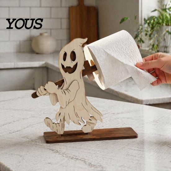 Solid Wood Roll Storage Halloween Paper Towel Holder, Wooden Skeleton/Ghost/Cat/Pumpkin/Witch Stand, Funny Party Supplies Gothic Organizer for Kitchen