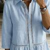 Women Shirt Lapel 3/4 Sleeves Buttons Placket Shirt Tops Webbing Edges Ruffle Hem Commuting Style Tops
