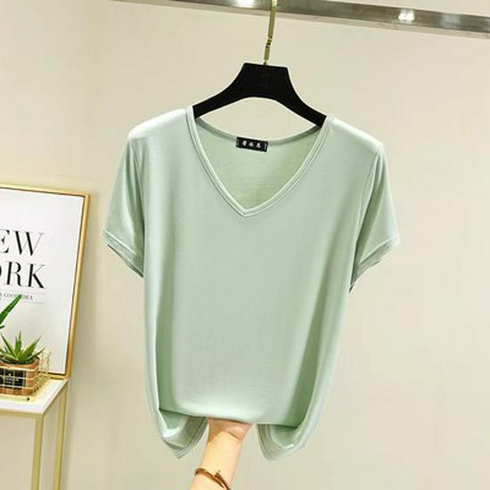 Women's Plus Size V-Neck Modal T-Shirt - Short Sleeve, Loose Fit, Thin Layer, Korean Style