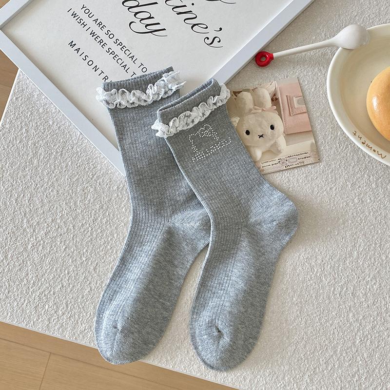 Female Spring and Autumn Cartoon Cute Hot Drill Kitten Sweet Lace Lace Boneless Tube Stack Socks