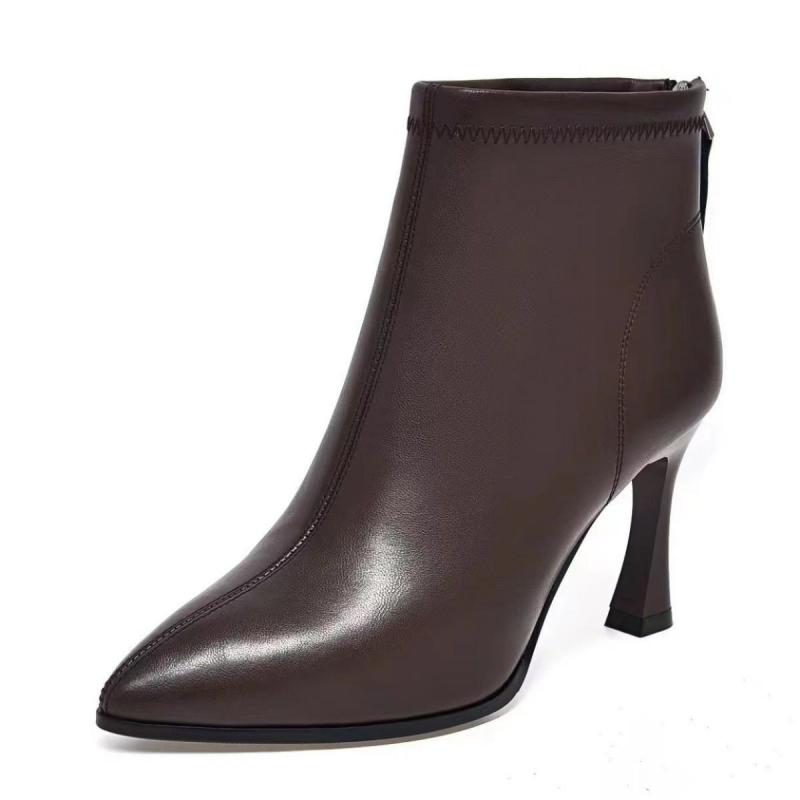 Fall/Winter New Women'S Genuine Leather Ankle Boots - Black Patent Pointed-Toe Stiletto Heel Booties With Rear Zipper