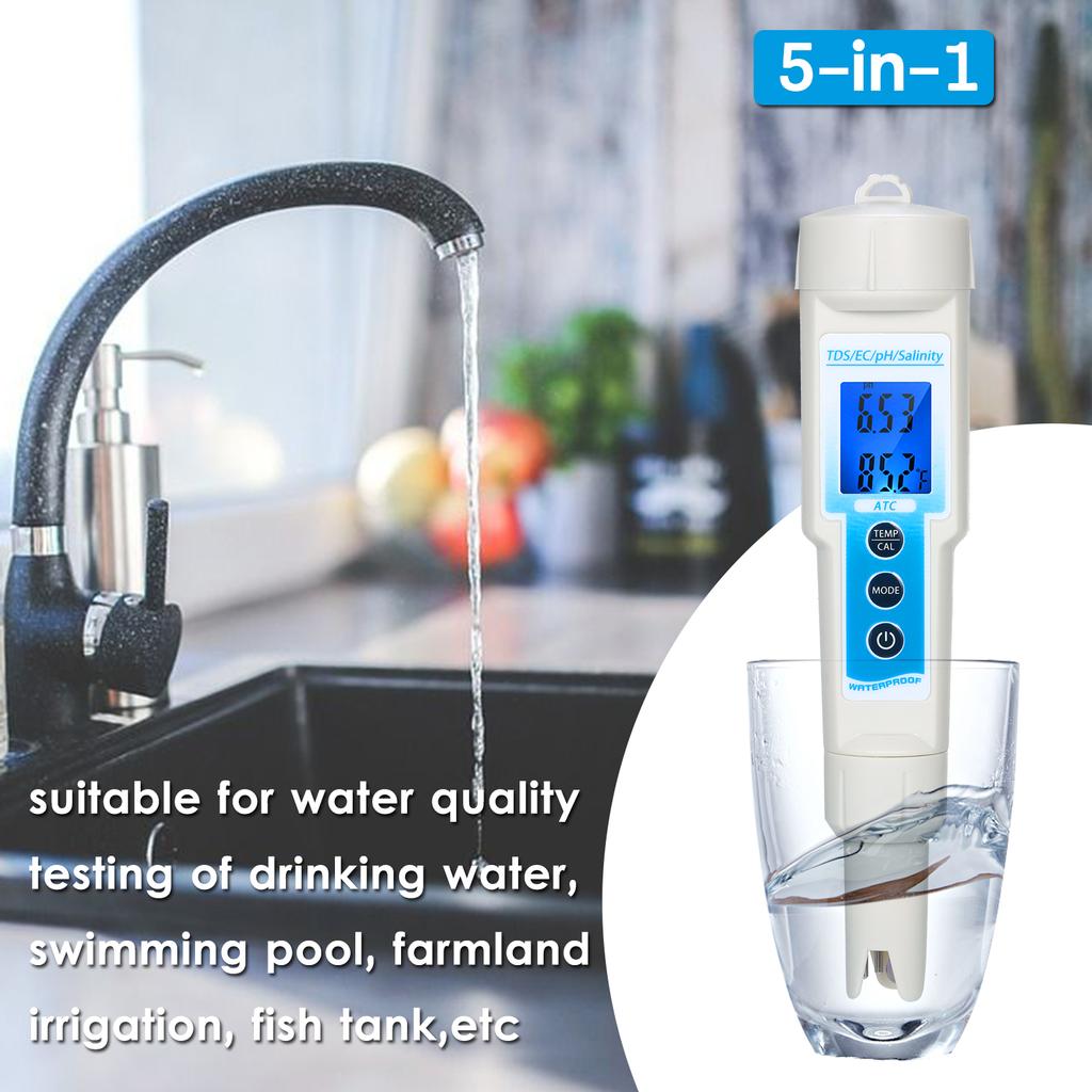 5 in 1 PH Meter Waterproof Multifunctional TDS EC pH Salinity Temperature Meter Water Quality Tester Blue Backlight LCD