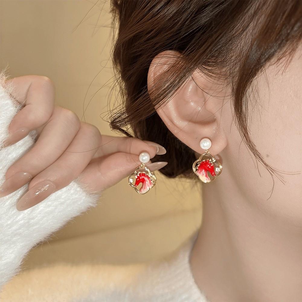 Cartoon Horse Red Pony Earrings Bowknot Horse Mascot Drop Earrings New Year Horse Earrings  Woman