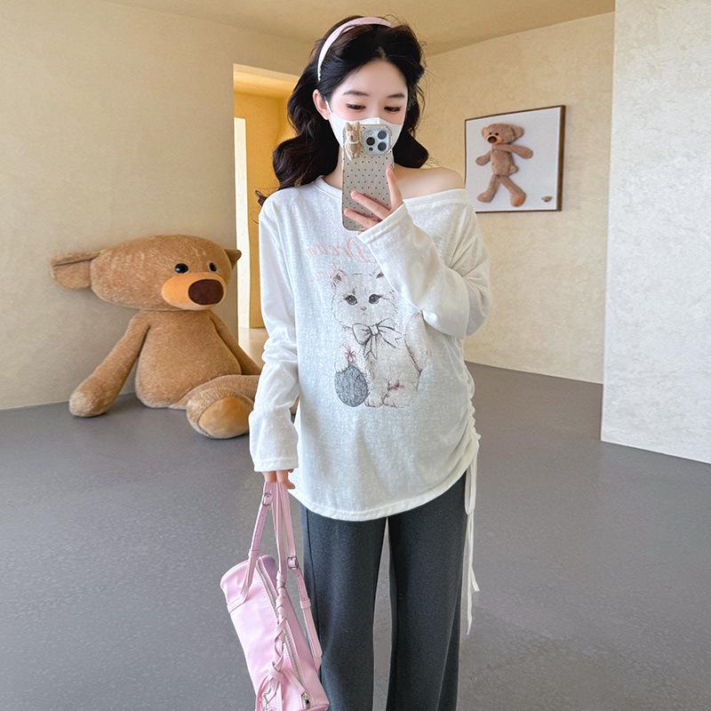 

2026 Spring Korean Style Maternity Set: Fashion Print Loose T-shirt + Wide Leg Pants 2XL