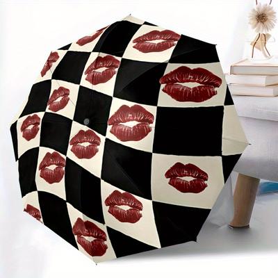 1pc Lips Chessboard Automatic Open/close, Heavy-Duty Iron Frame & 8-Rib Structure, Compact Folding Umbrella for Women/Men, All-Season Travel, Hallowee