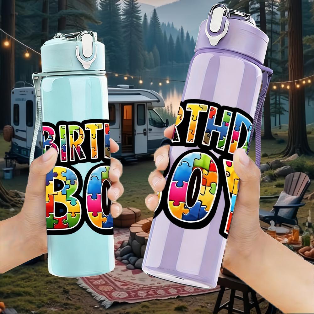 1PC Rainbow Birthday Boy Bold Lettering 750ml Color Plastic Water Bottle Leakproof Flip Straw Lid For Sports Office Home Use