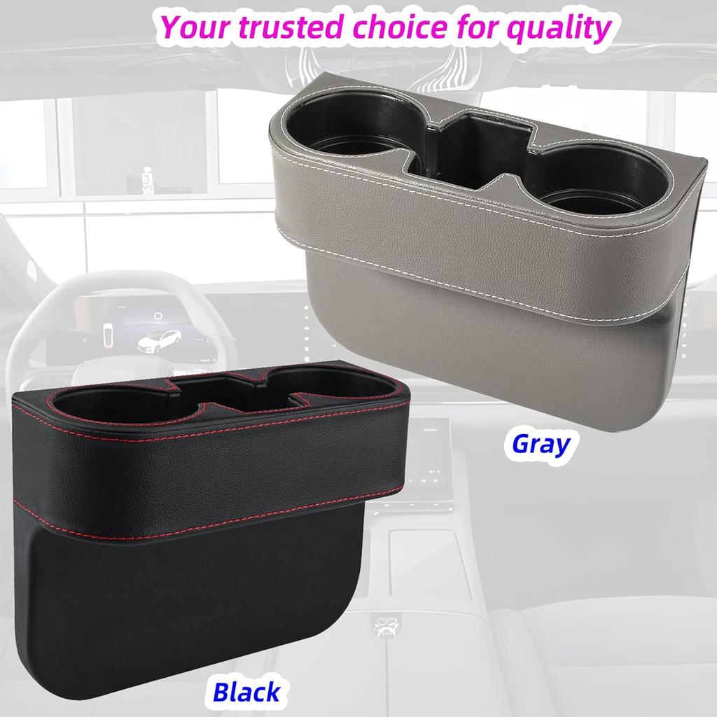 Car Cup Holder Expander & Seat Gap Filler - PU Leather Cover with Stitching, Multifunctional Front Seat Organizer, for Car Truck Van, Holds Large