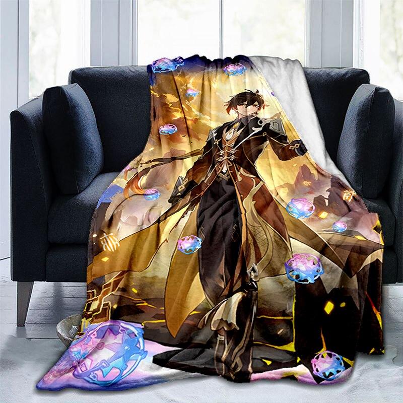 Pătură cu imprimeu Genshin Impact cu desene animate, flanel, căldură, moale, canapea extensibilă de pluș, pătură pentru aruncare, pătură de pluș, anime drăguț