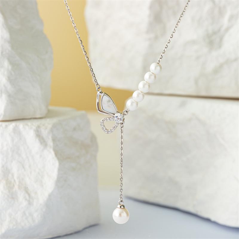 S925 Sterling Silver Collarbone Necklace Link Chain for Girls Summer Shell Pearl Moissanite Pendant Light Luxury Style