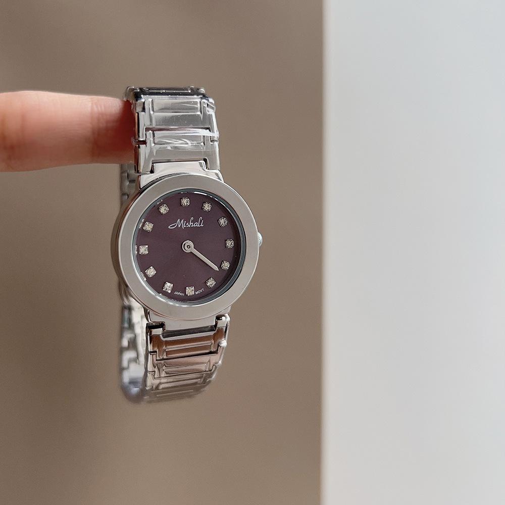 Purple Small Dial, High-End Round Quartz Watch, Fashion Temperament Steel Belt Watch