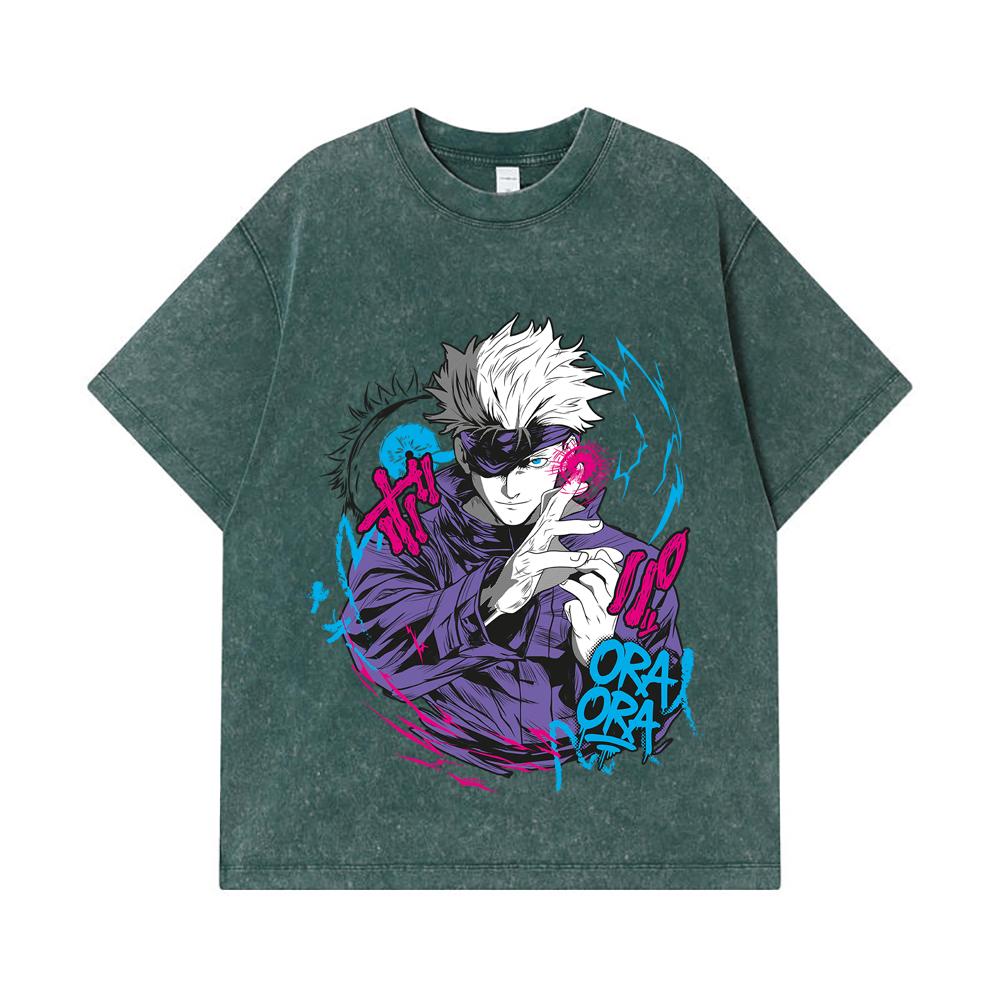 275 GSM Washed T-shirts 100% Cotton Jujutsu Kaisen V59 Gojo Print Unisex Heavy Cotton T Shirt