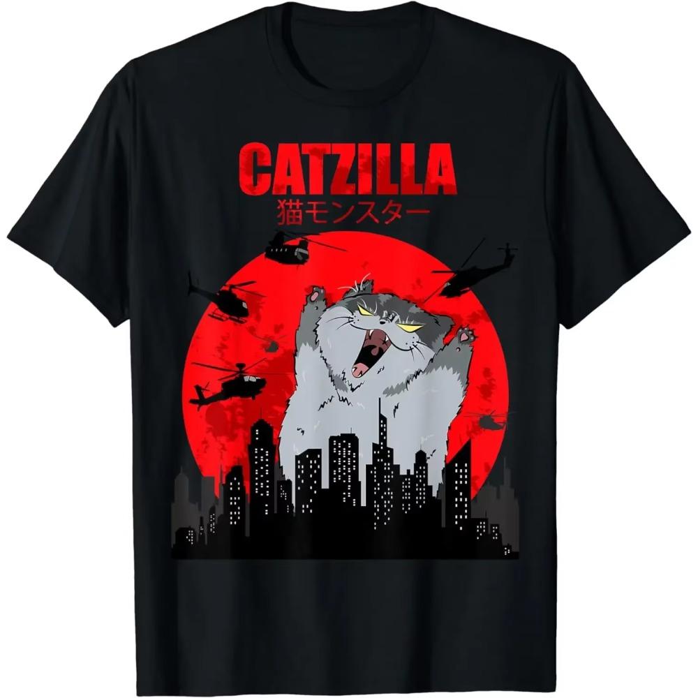 Funny Cute Art Japanese Cat Graphic for Cat Lover Catzilla T-Shirt Graphic T Shirts Women's Clothing Fashion