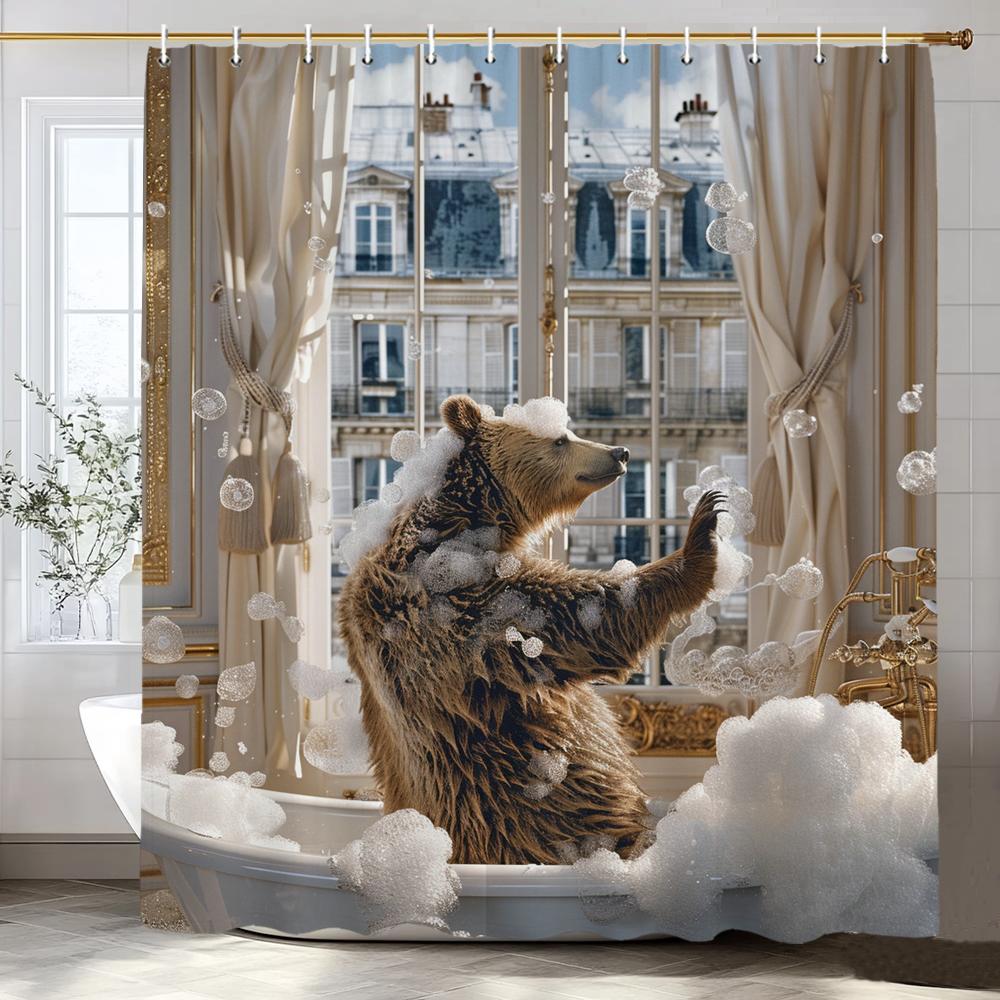 Cute Brown Bear in Bath Shower Curtain, Bathroom Decorative Shower Curtain, Waterproof Shower Curtain with Hooks
