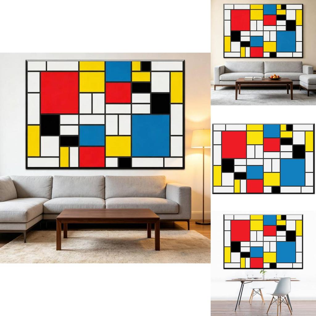 Red Yellow Blue Abstract Grid Artwork For Living Room Decor