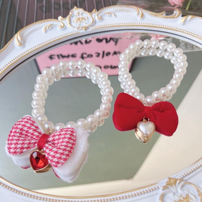 New‑Year Festive Elastic Soft Bow Pet Necklace Pearl Decor Collar for Cats Dogs