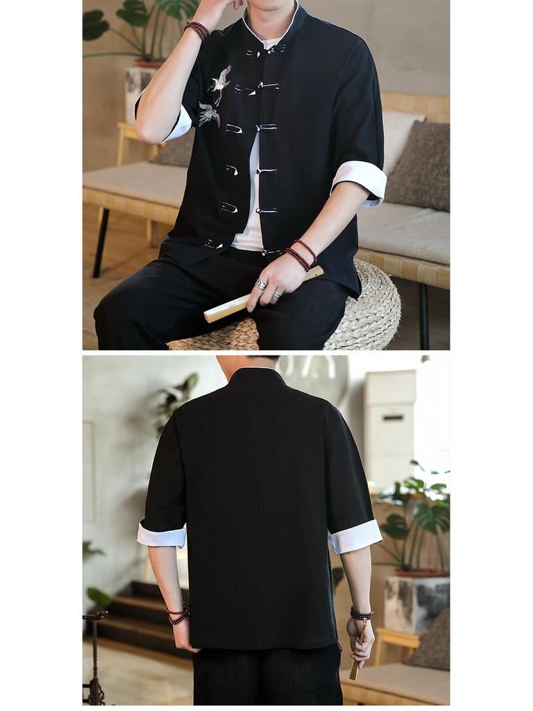 Spring/Summer 2020 Men's Cotton Linen Embroidered Seven-Sleeve Shirt with Frog Buttons - Retro Hanfu Style
