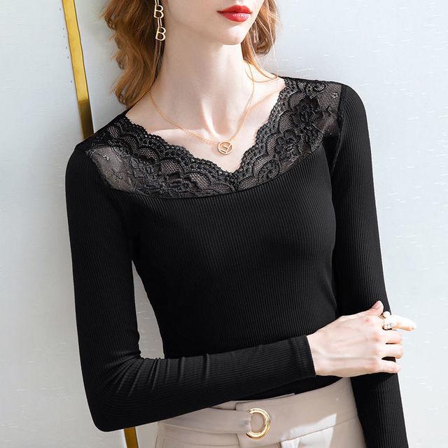 

Нижняя рубашка с длинными рукавами, весенне-осенняя новая женская футболка с v-образным вырезом, однотонная, облегающая, кружевная, в стиле пэчворк, топ M-3XL M чёрный