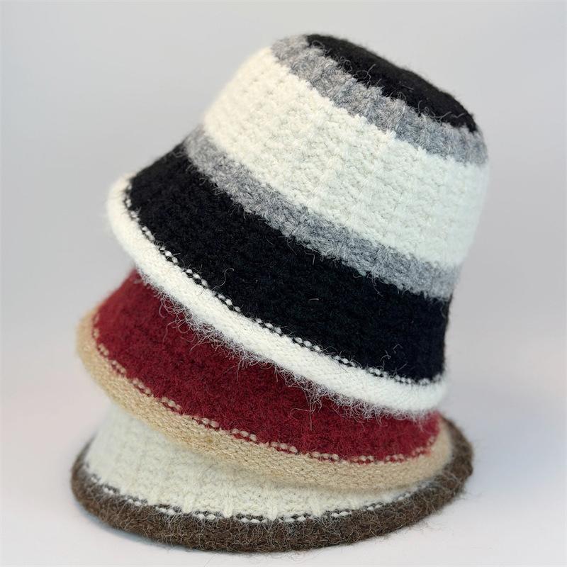 Wide-Striped Knitted Bucket Hat Large Head Circumference Warm Basin Hat Versatile Outdoor Cold-Proof Fisherman Hat