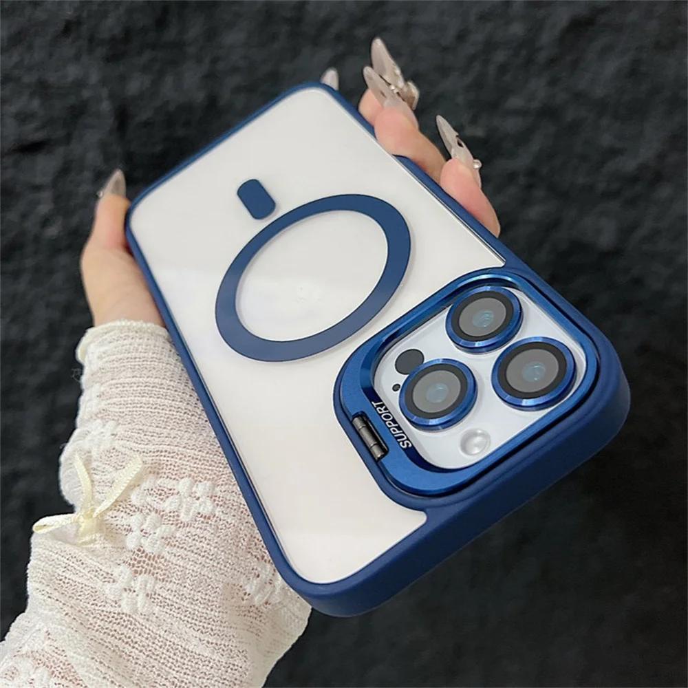 iPhone 16 15 14 13 12 11 Pro Max 16 Plus İçin Magsafe Standlı Manyetik Darbeye Dayanıklı Lüks Telefon Kılıfı Cam Lens Koruyucu Kapak