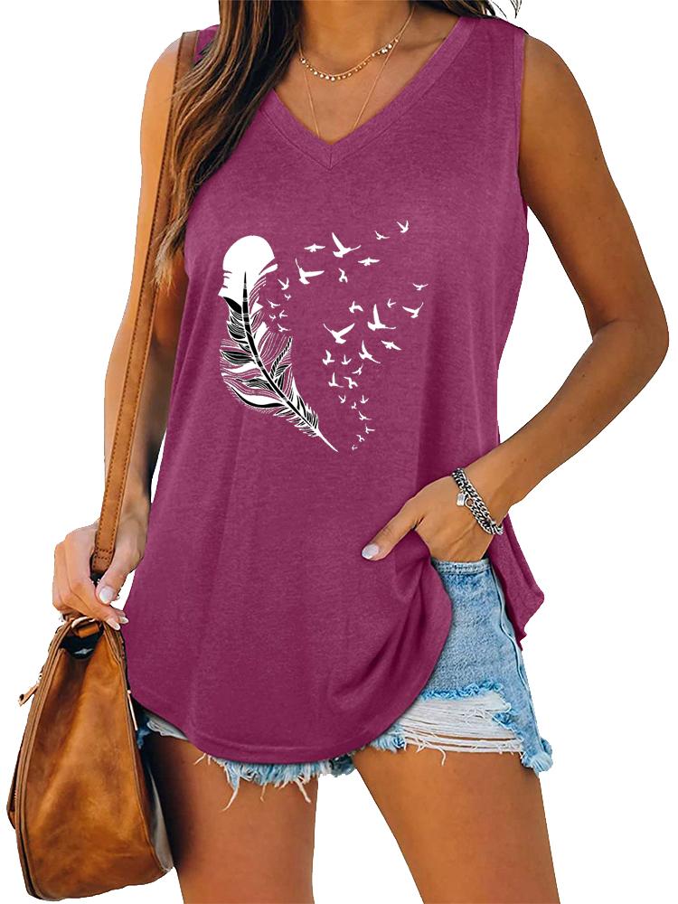 Women Fashion V Neck Printed Sleeveless Top Summer Casual Pullover Loose Tank Top