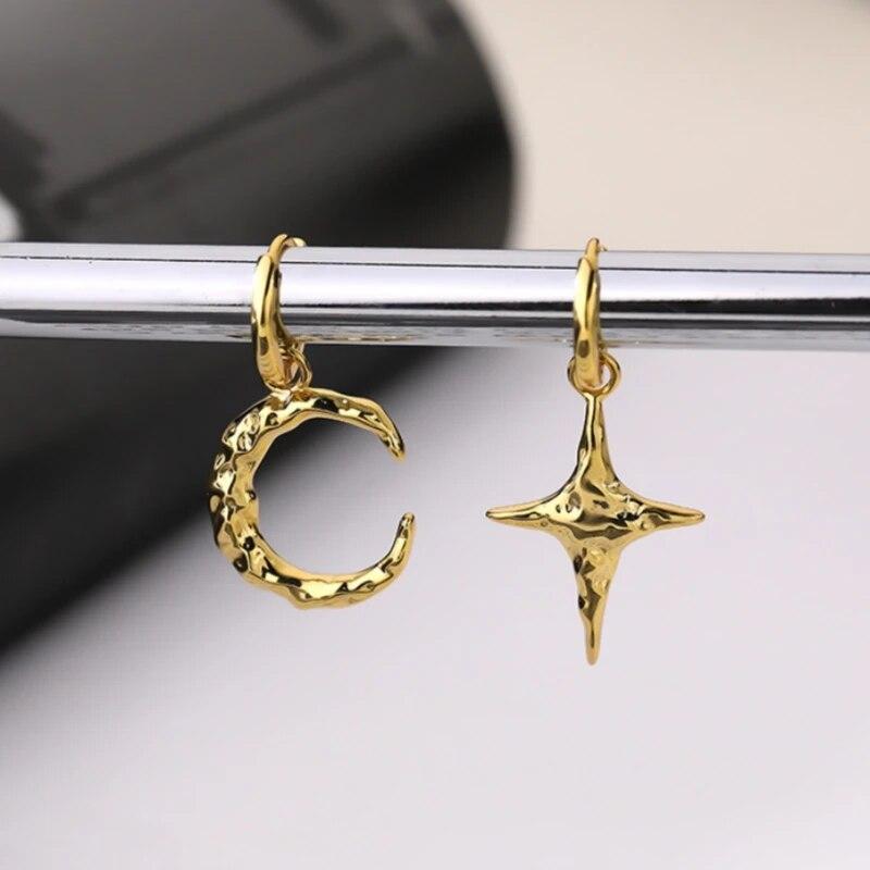 ANENJERY Orecchino a Cerchio Asimmetrico Luna Stella per Donna Orecchino Pendente Pieghevole Gioielli Regali per Feste
