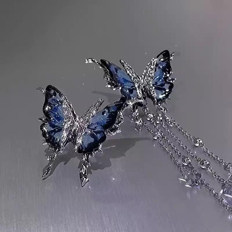 Elegent Blue Starry Sky Butterfly Earrings for Women Long Tassels Chain Zircon Luxury Red Drop Earrings Sweet Cool Y2K Jewelry