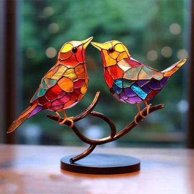 Buntglasvögel auf Ast Schreibtischornamente Acryl Doppelseitig Bunte Vogelskulptur Kolibri Kunsthandwerk Heimdekoration