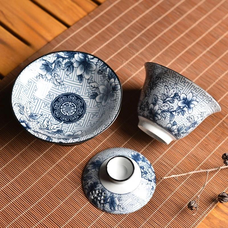 160ml Blue White Porcelain Gaiwan Handmade High Footed Ceramic Gongfu Teaware Portable for Travel Camping Tea