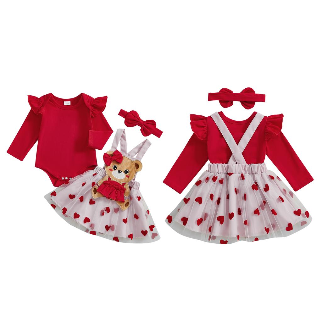 Baby Girl Valentine 's Day Outfits Long Sleeve Romper + Tulle Suspender Skirt + Headband Set
