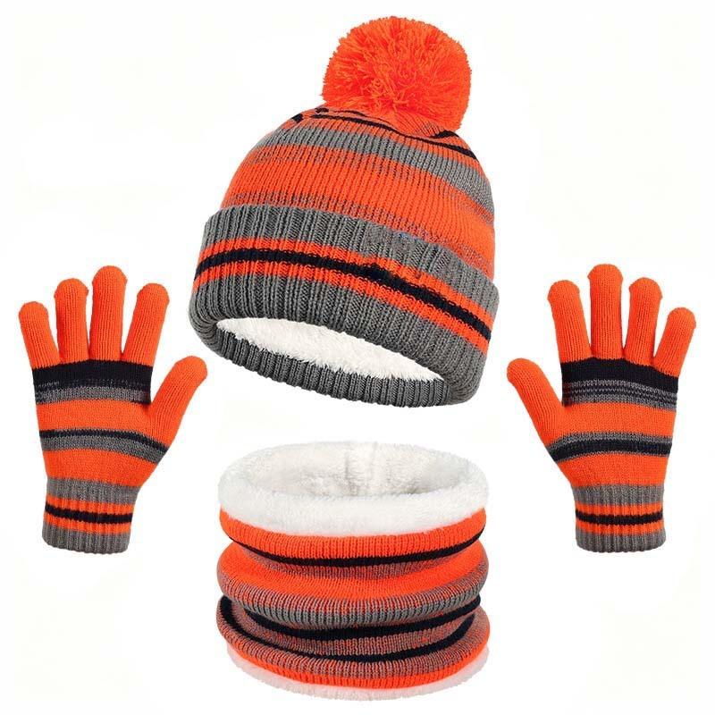 Children's Hat, Scarf, Gloves, Three Piece Set, Striped Autumn and Winter Knitted Fleece Kindergarten Warm Suit