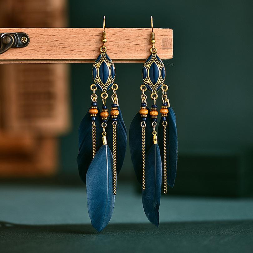 Bohemian Tassel Feather Earrings - Retro Beaded Yunnan Ethnic Style Jewelry