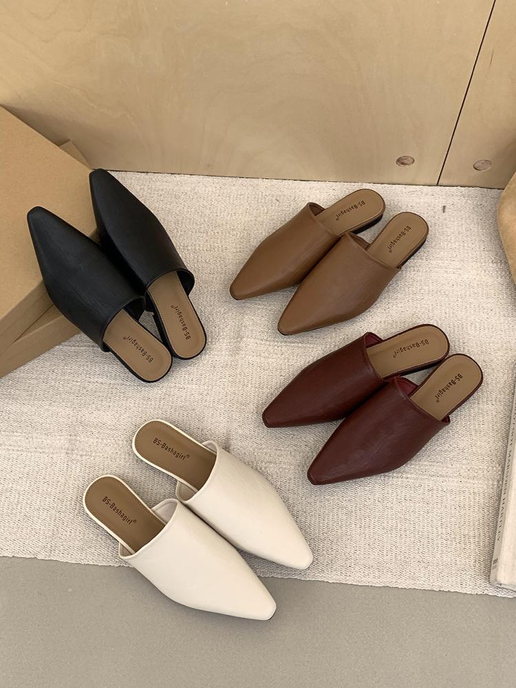 Fashion Comfortable Summer Slippers Mules Soft Leather Pointed Toe Slip On Sandalias Soild Mature Fashion Casual Low-heeled Shoes Mujer