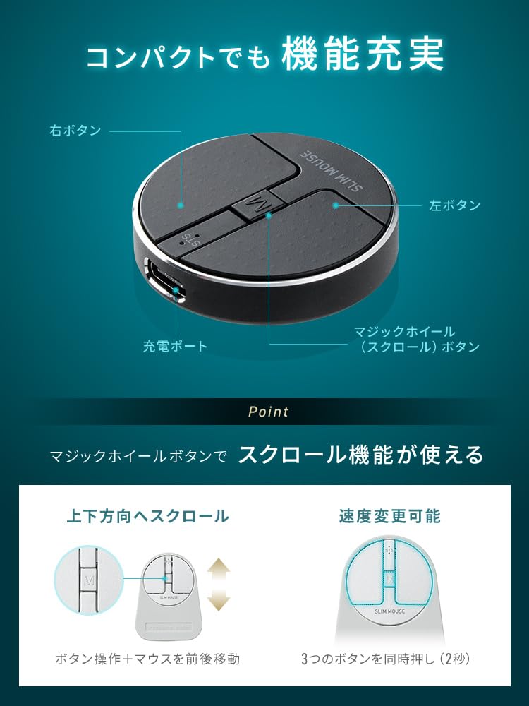 E-Supply Ultra-Small Bluetooth Wireless Mouse, 3-Device Multi-Pairing, Quiet, Rechargeable, DPI Switching, Slim, USB-A Receiver Connection, Silicone