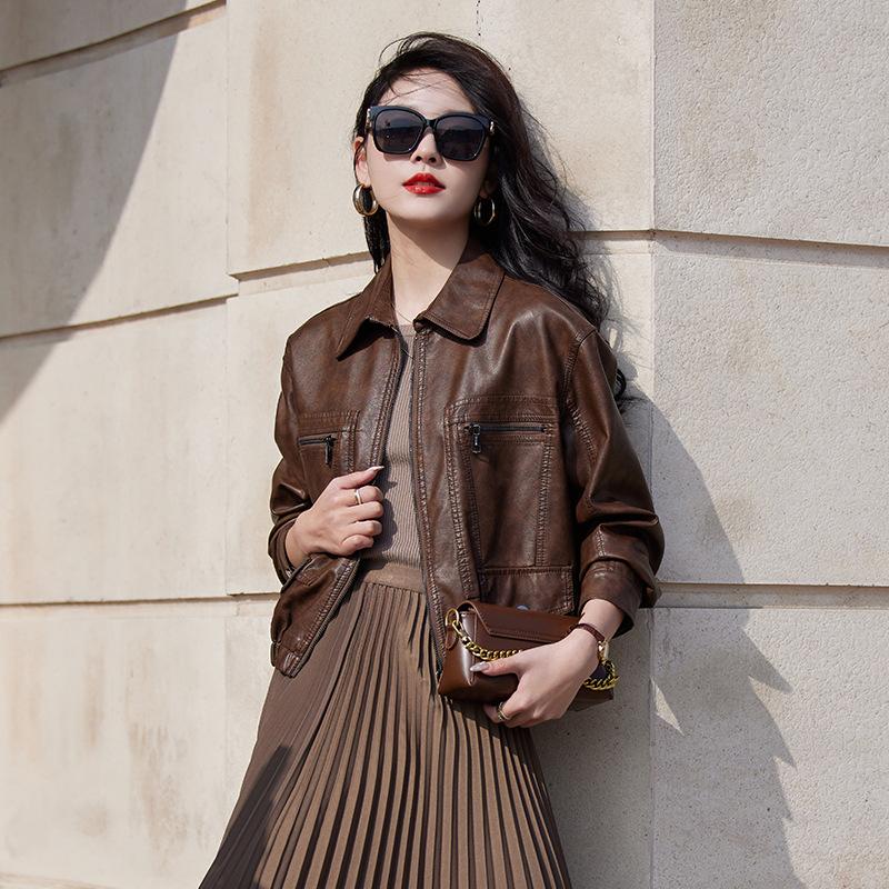 

Дизайнерская короткая кожаная куртка женская весна-осень новая одежда ретро кожаная куртка M хаки